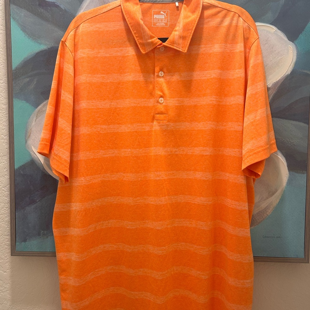 Puma Men's Orange Striped Polo Shirt